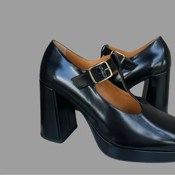 SEZANE Glossy Black Leather Monique High Babies T Strap Platform Mary Jane Heels - Picture 11 of 17